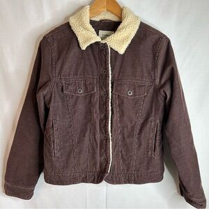 LL Bean Brown Corduroy Trucker Jacket with Cream Sherpa Collar & Lining Size S